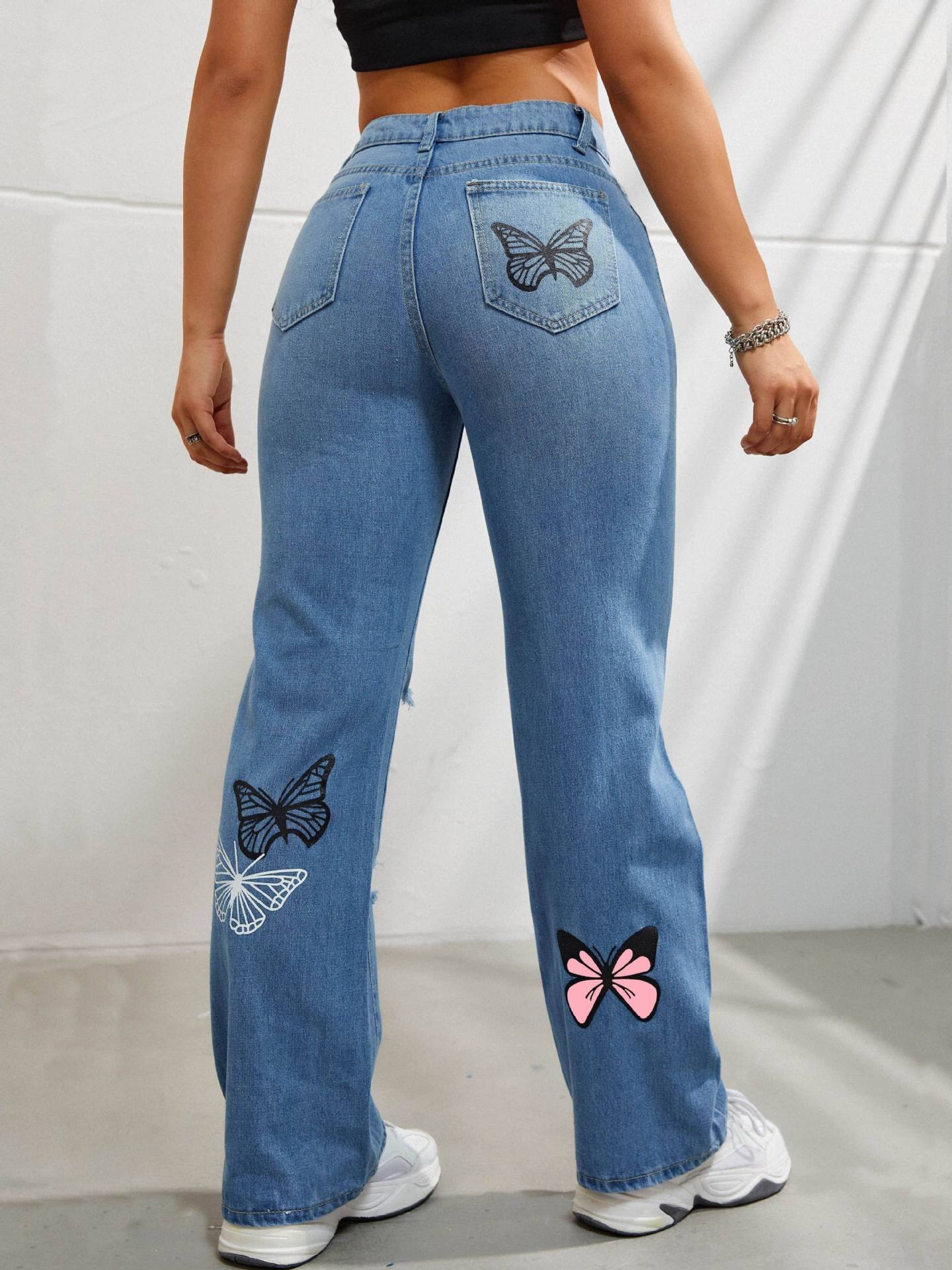 Trendy Butterfly Print Ripped Distressed Denim Pants