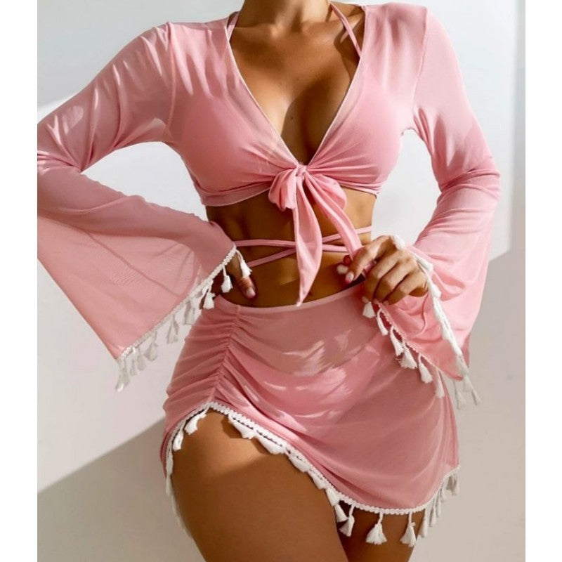 4pcs Solid Color Bikini with Short Skirt and Long Sleeve Cover-up Fashion