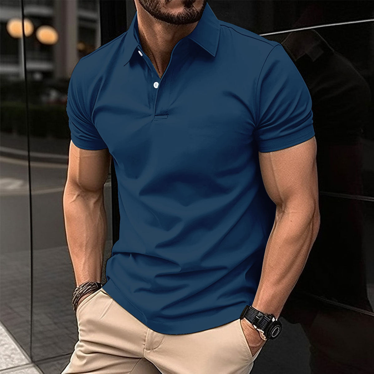 Men Short Sleeve Polo Lapel Button Shirt