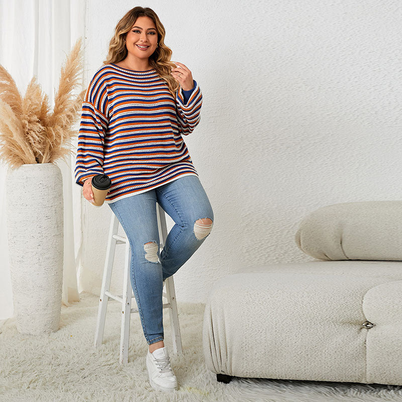 Plus Size Women's Striped Loose Round Neck Pullover Top