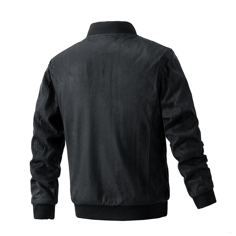 Men's Suede Stand Collar Jacket with Double Zipper Pockets