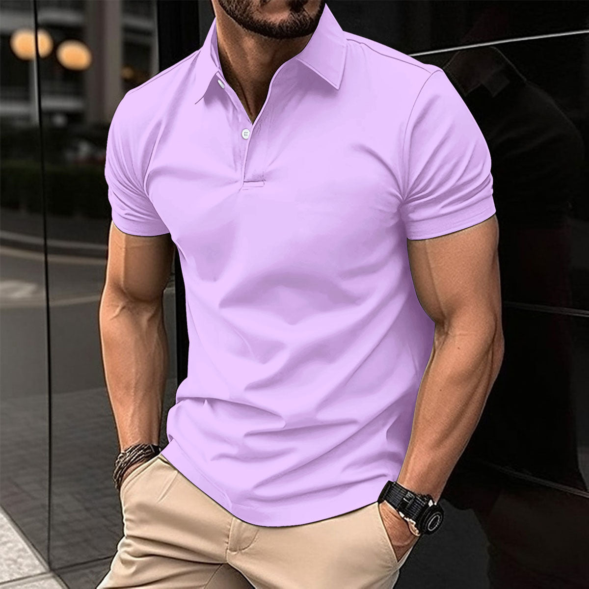 Men Short Sleeve Polo Lapel Button Shirt