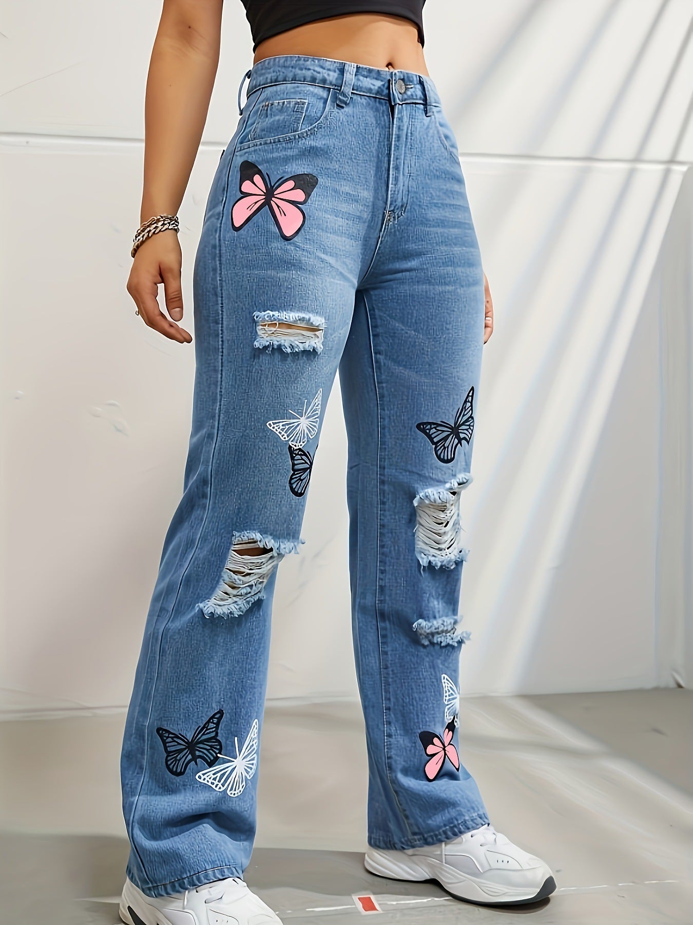 Trendy Butterfly Print Ripped Distressed Denim Pants