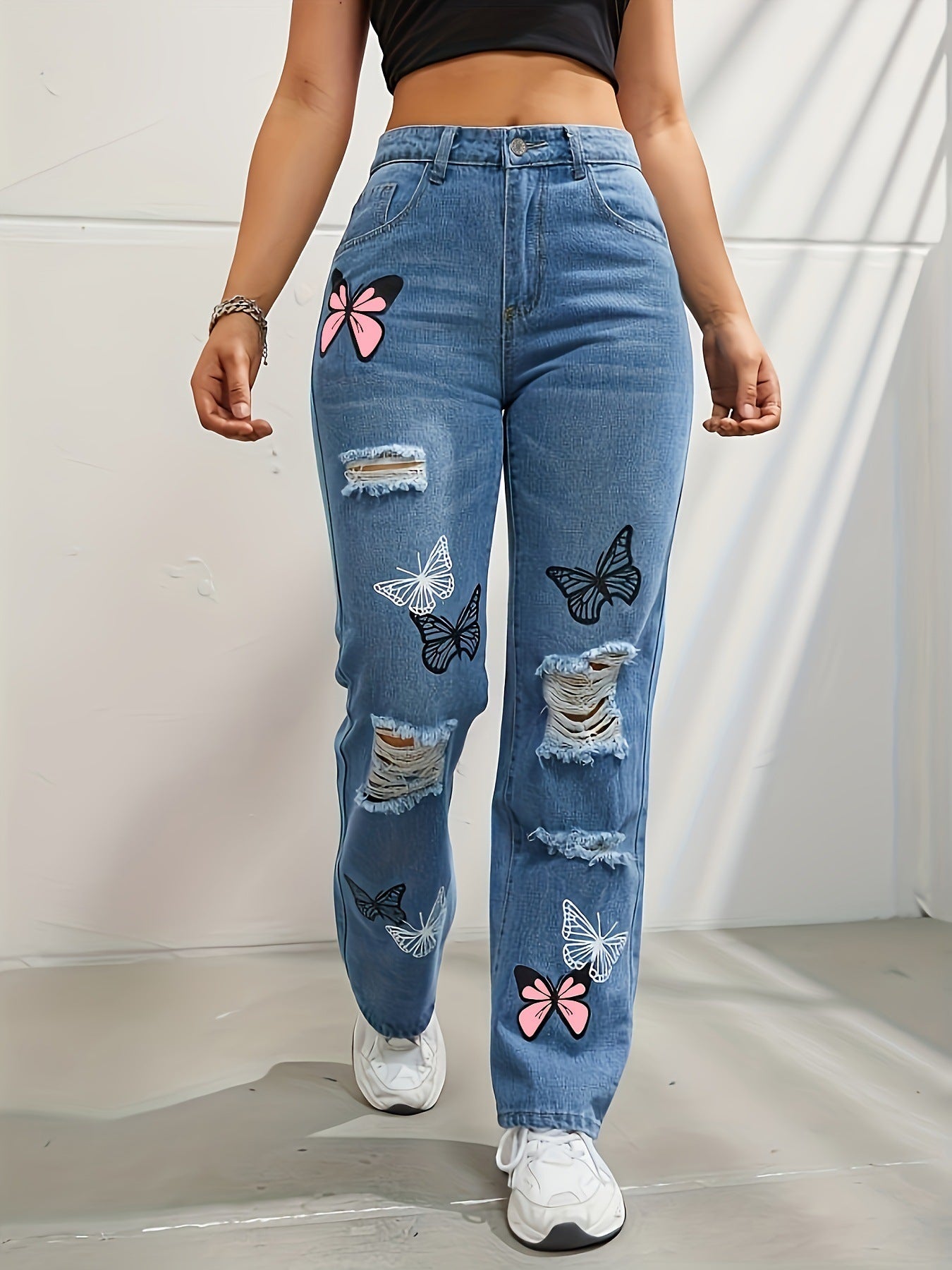 Trendy Butterfly Print Ripped Distressed Denim Pants