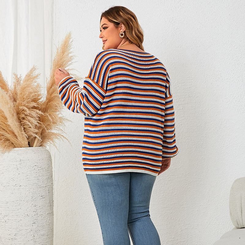 Plus Size Women's Striped Loose Round Neck Pullover Top