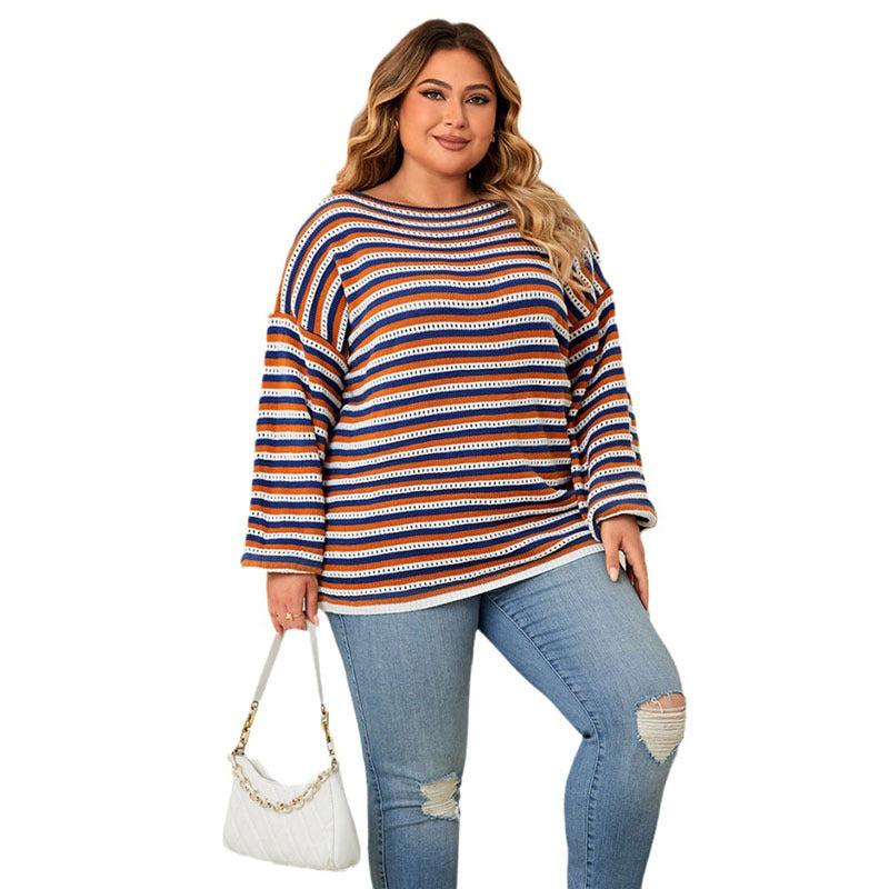 Plus Size Women's Striped Loose Round Neck Pullover Top