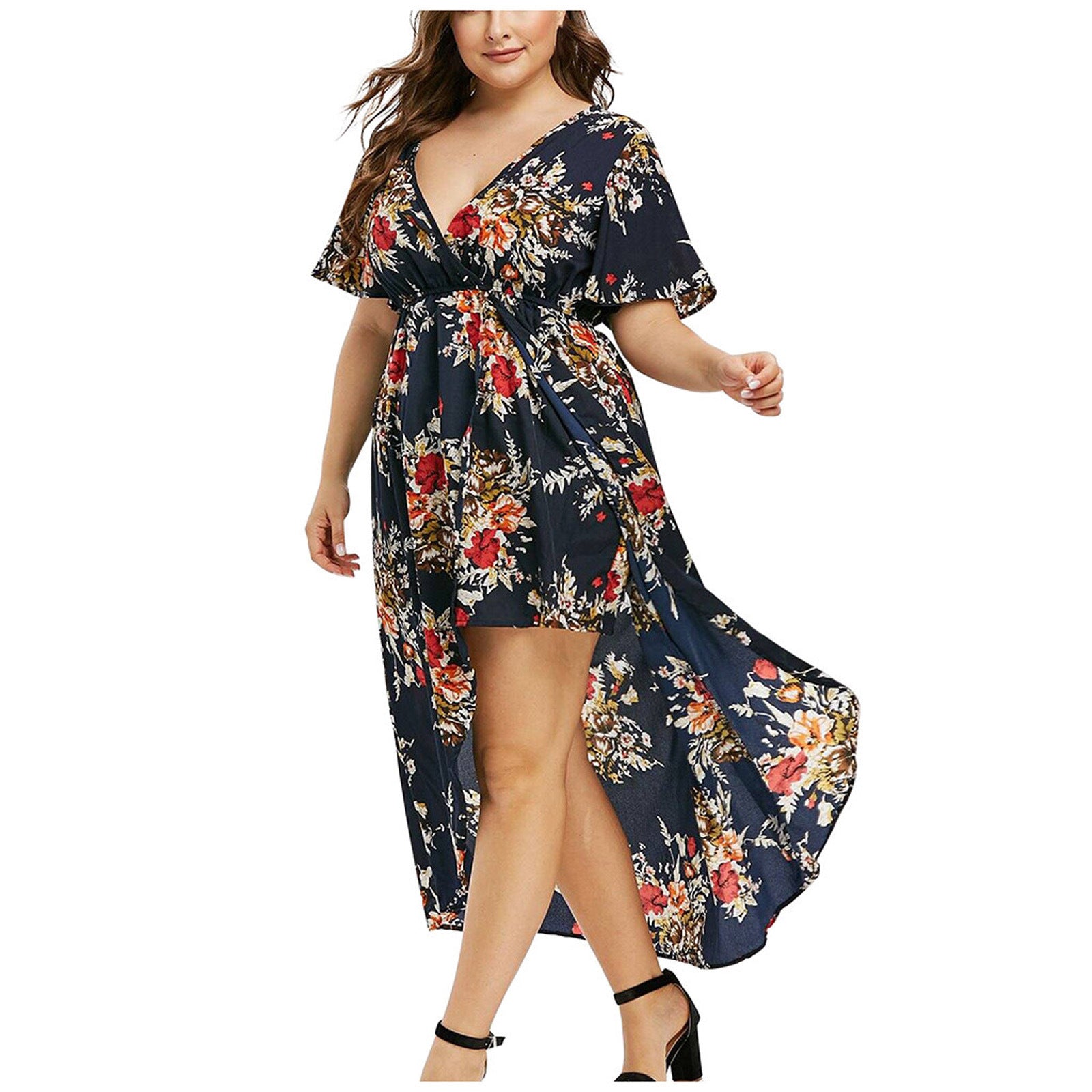 Women's Loose Slimming V-neckline Flower Print Plus Size Dress