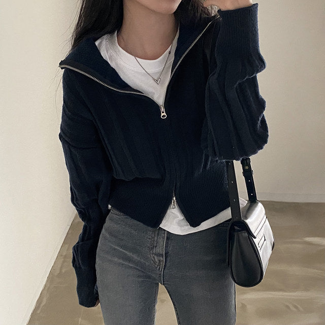 Women's Lapel Double Zip Sweater Jacket