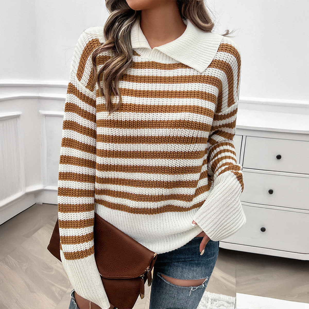 Top Women's Loose Lapels Striped Long Sleeve