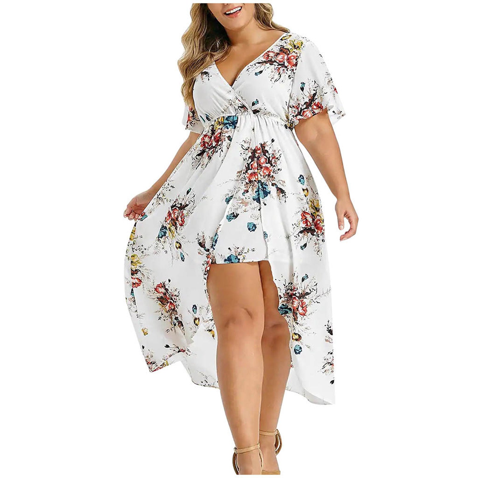 Women's Loose Slimming V-neckline Flower Print Plus Size Dress