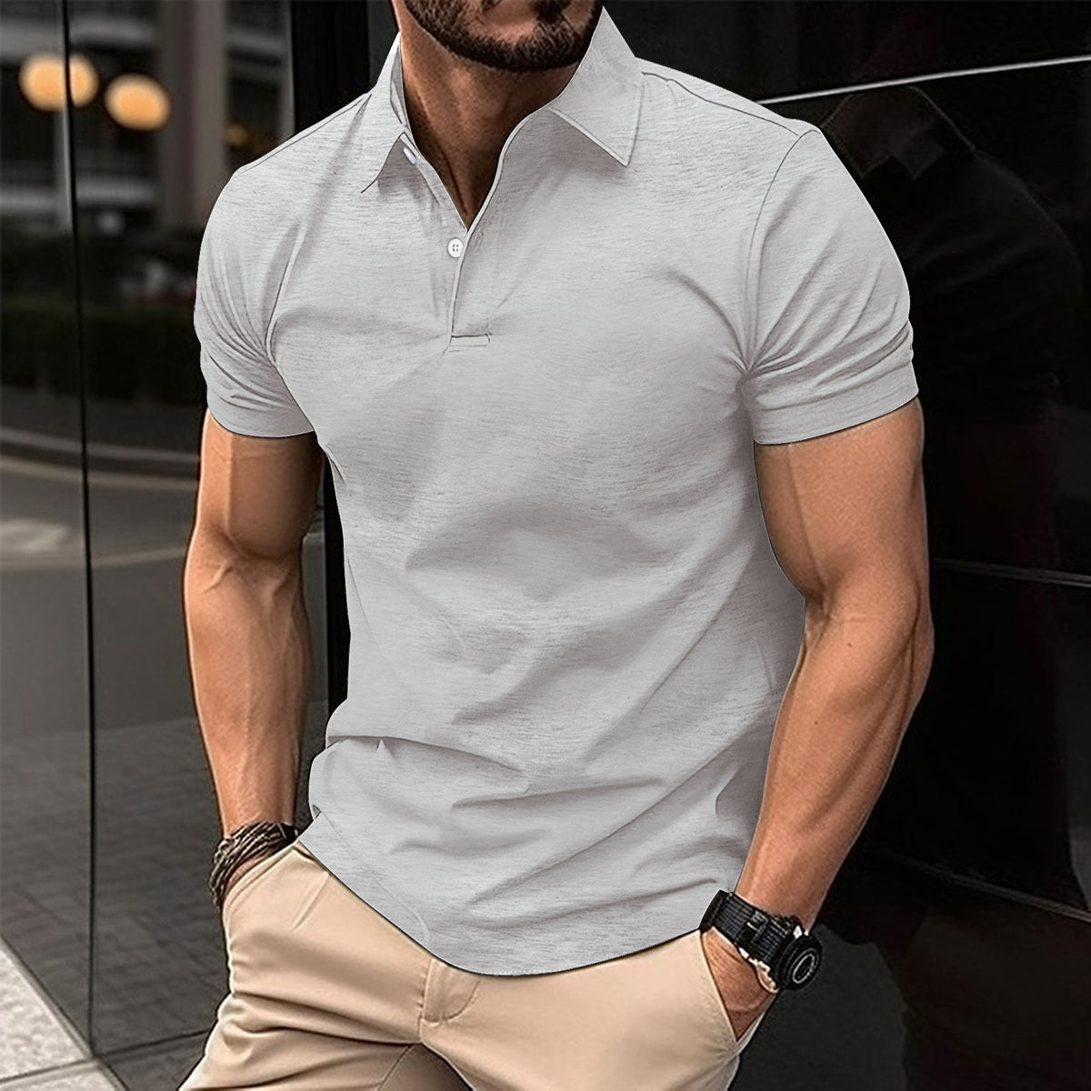 Men Short Sleeve Polo Lapel Button Shirt