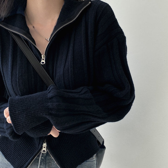 Women's Lapel Double Zip Sweater Jacket