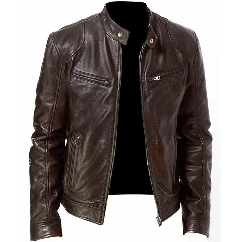 Windproof Mens PU Leather Jacket | Slim Fit | Stand Collar