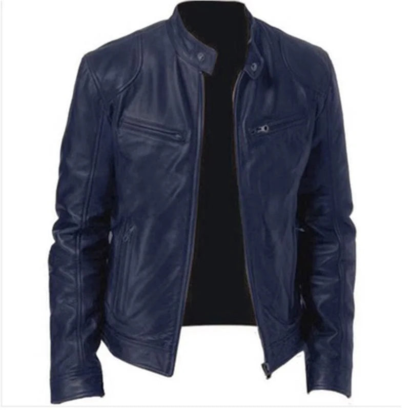 Windproof Mens PU Leather Jacket | Slim Fit | Stand Collar