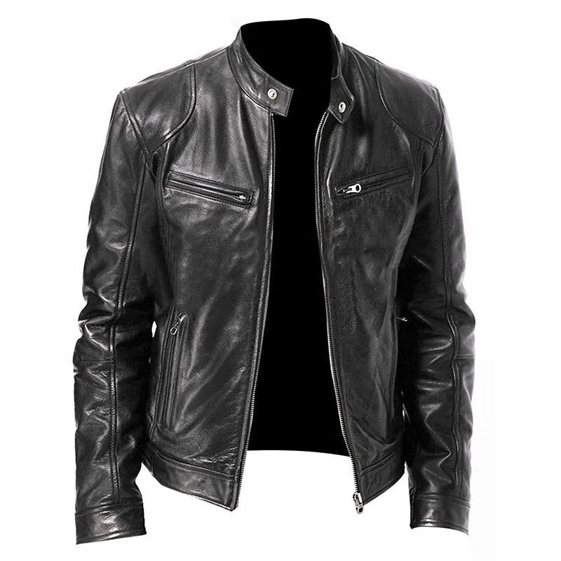 Windproof Mens PU Leather Jacket | Slim Fit | Stand Collar