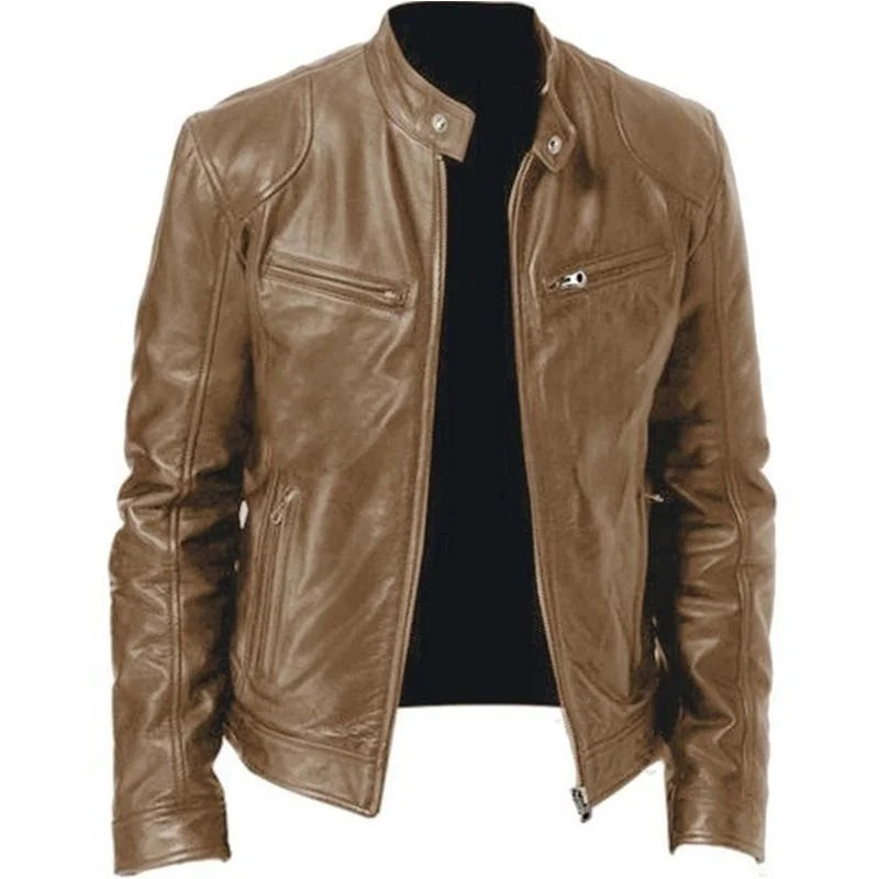 Windproof Mens PU Leather Jacket | Slim Fit | Stand Collar