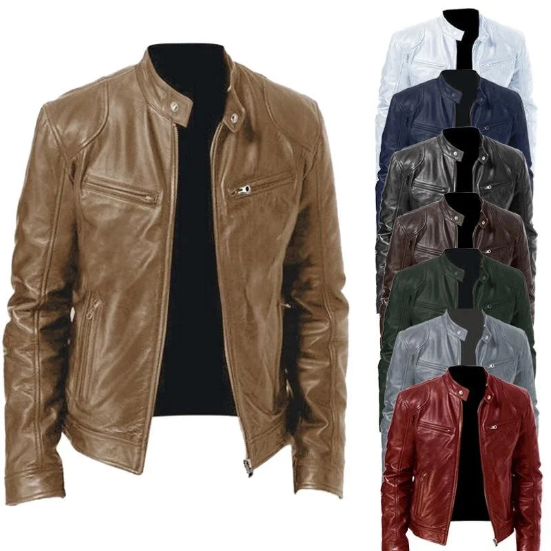 Windproof Mens PU Leather Jacket | Slim Fit | Stand Collar