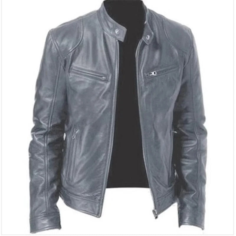 Windproof Mens PU Leather Jacket | Slim Fit | Stand Collar