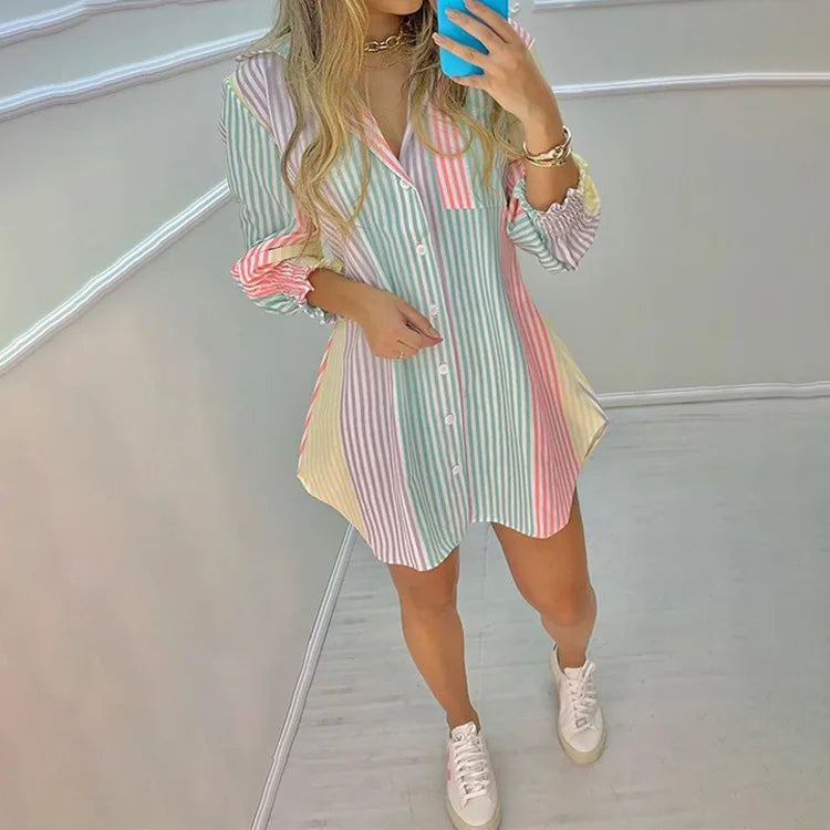 Women's Printed Lapel Casual Shirt Dress