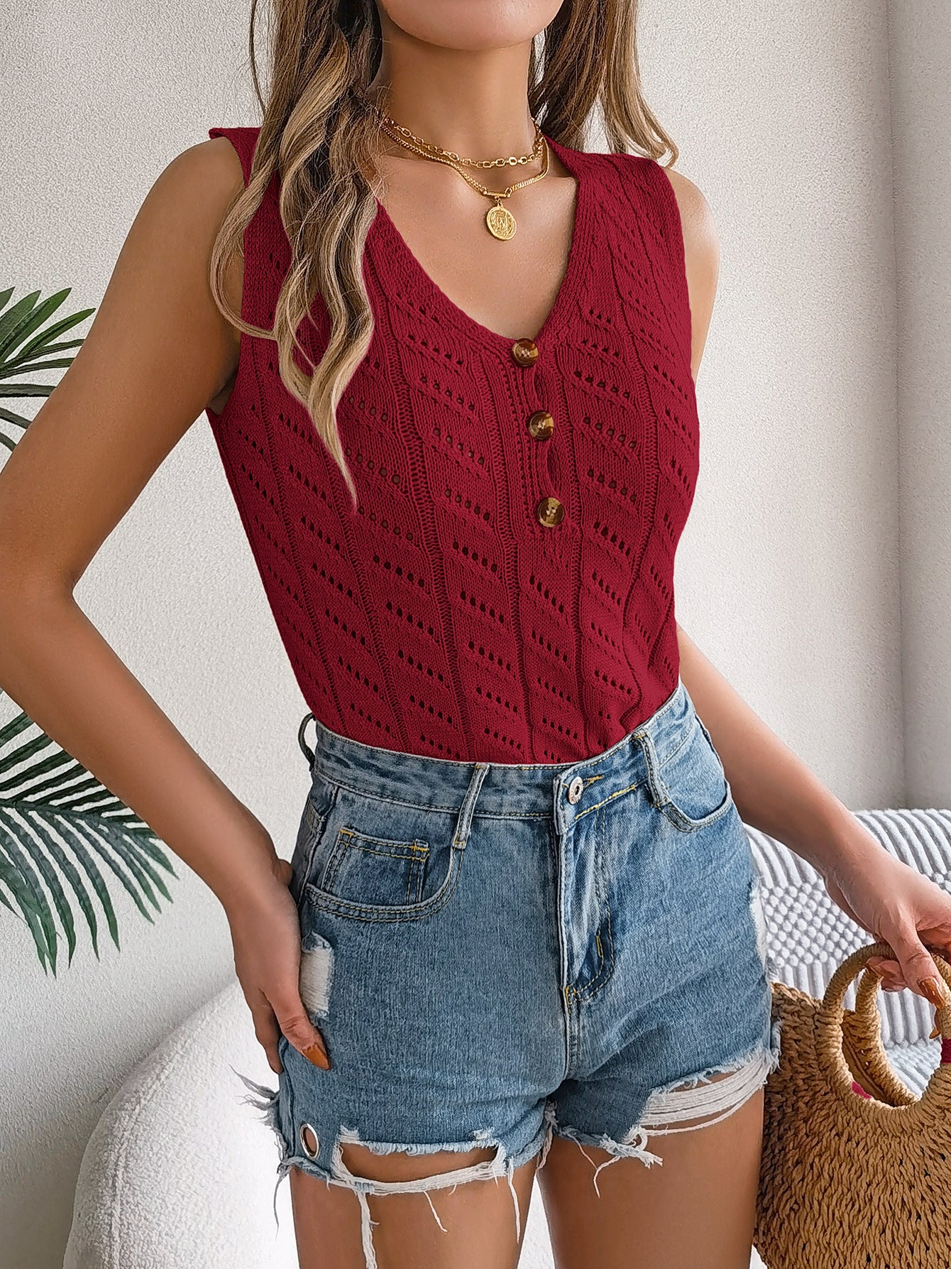 Solid Color Buttons V-neck Hollow Sleeveless Top Sweater