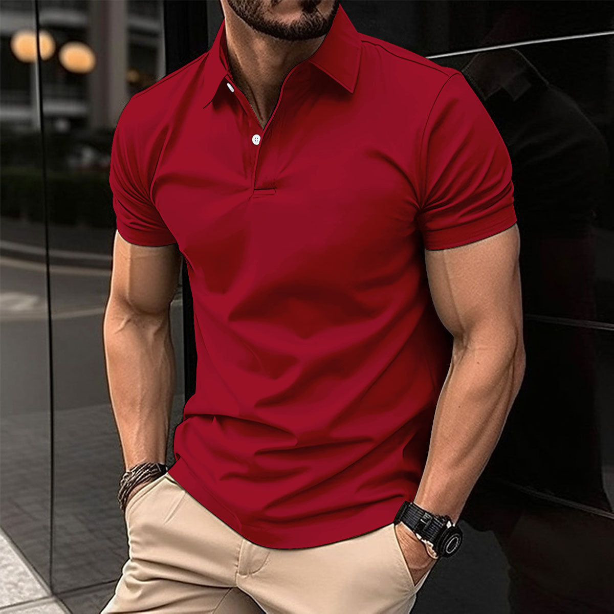 Men Short Sleeve Polo Lapel Button Shirt