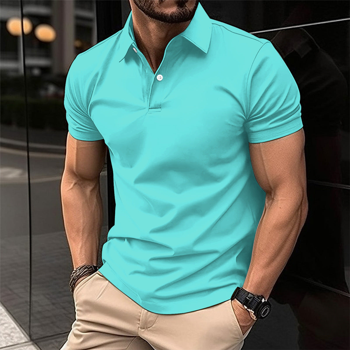 Men Short Sleeve Polo Lapel Button Shirt