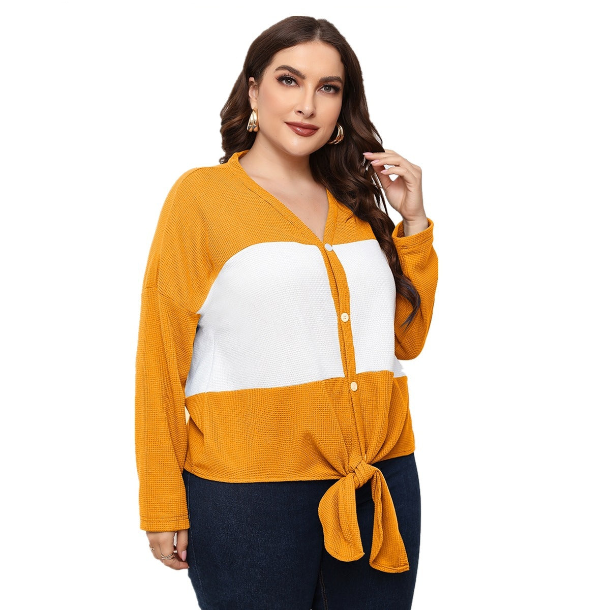 Long-sleeved V-neck Open Placket Top