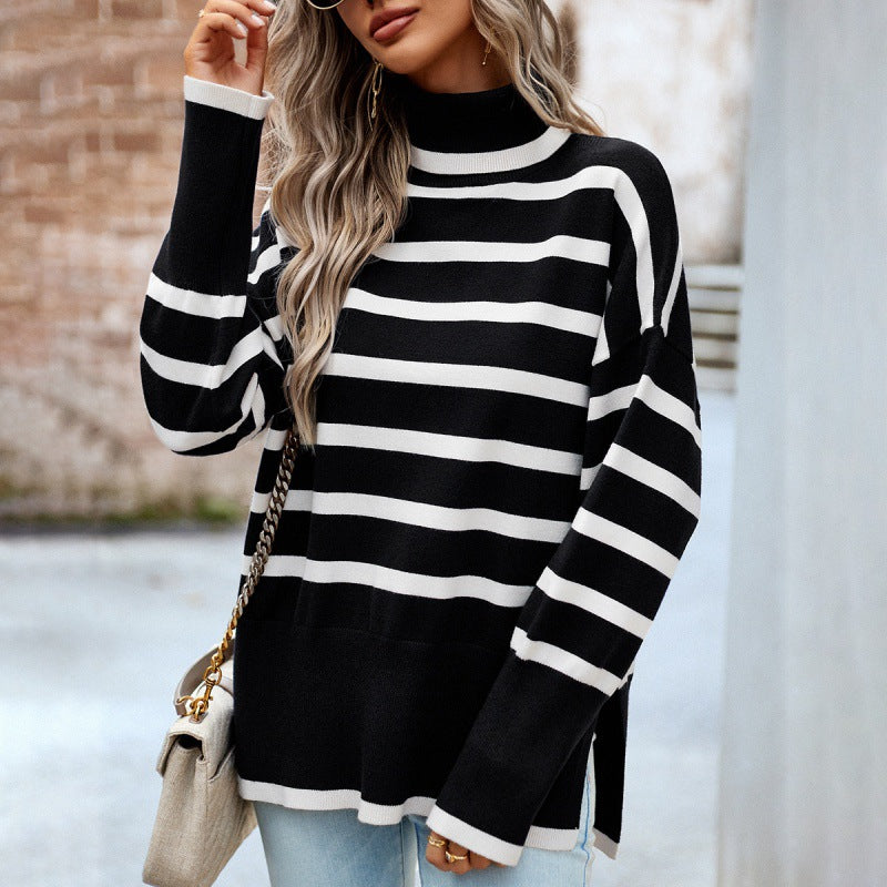 Women's Striped Turtleneck Sweater for Autumn & Winter