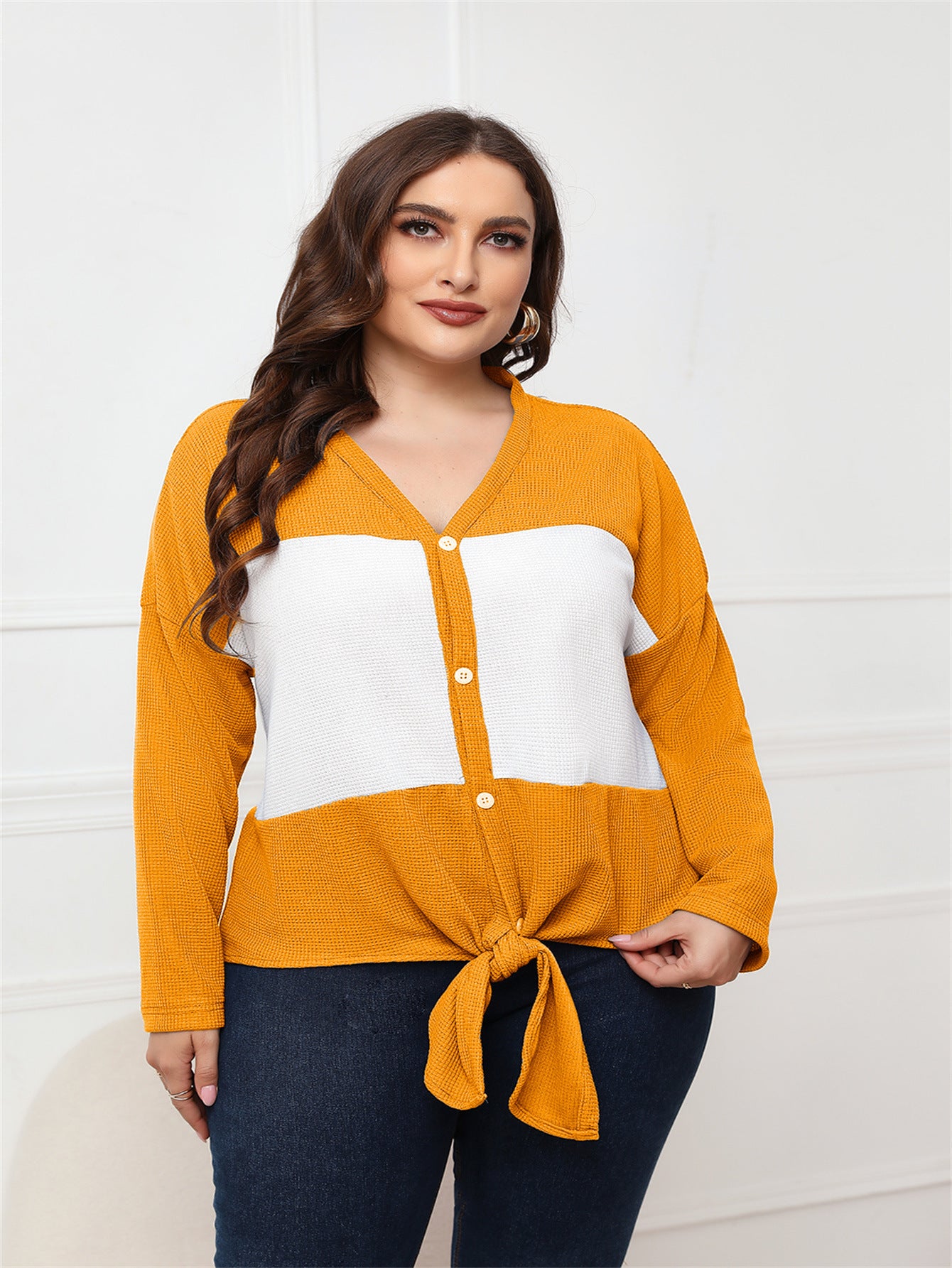 Long-sleeved V-neck Open Placket Top