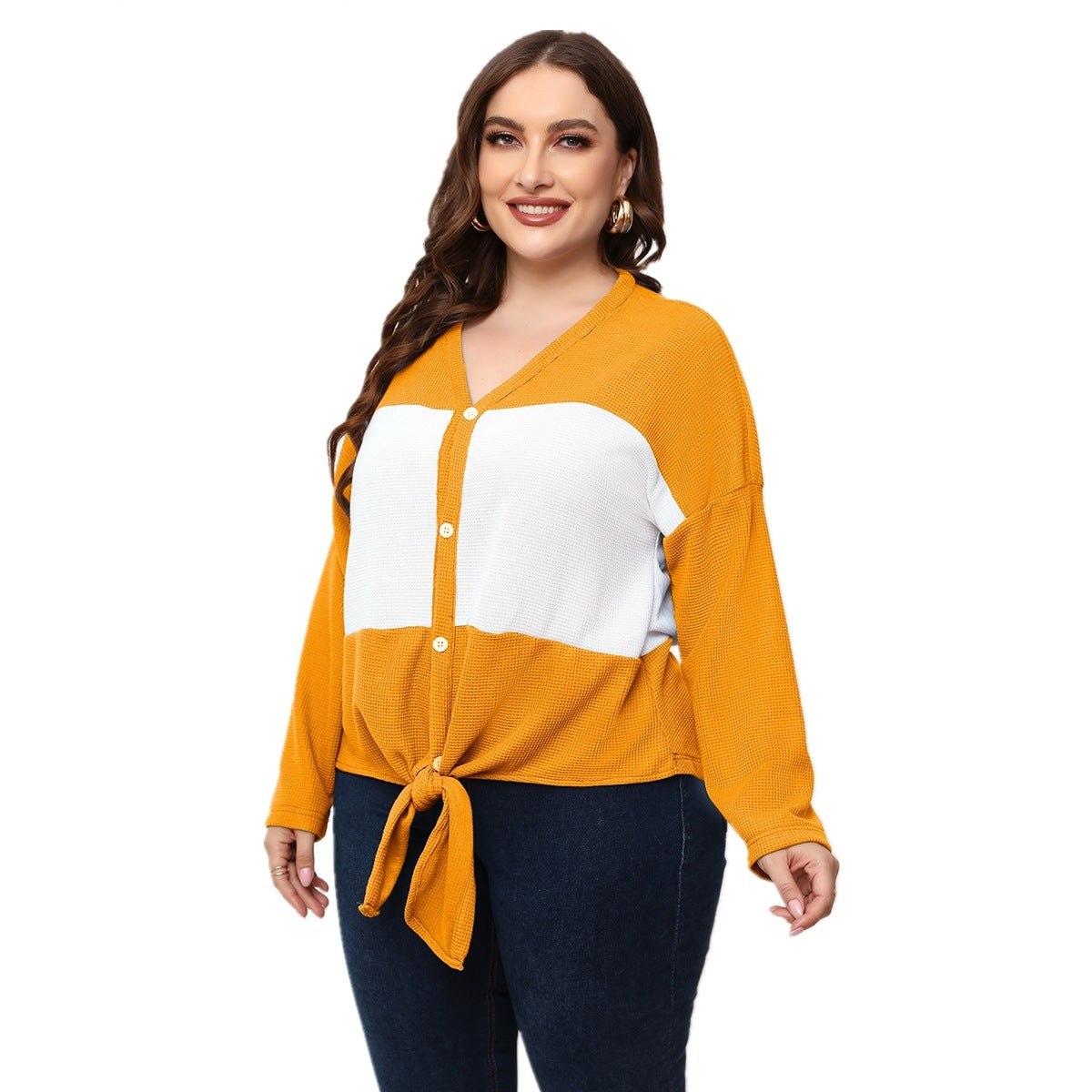 Long-sleeved V-neck Open Placket Top