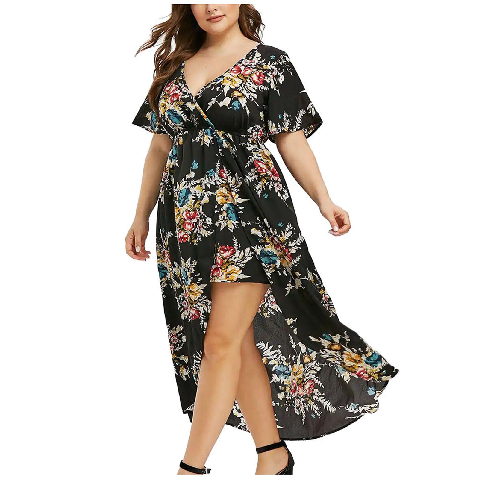 Women's Loose Slimming V-neckline Flower Print Plus Size Dress