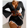 4pcs Solid Color Bikini with Short Skirt and Long Sleeve Cover-up Fashion