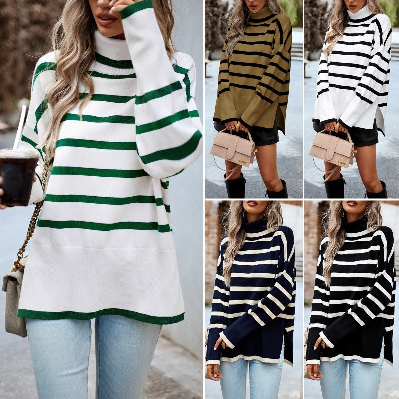 Women's Striped Turtleneck Sweater for Autumn & Winter