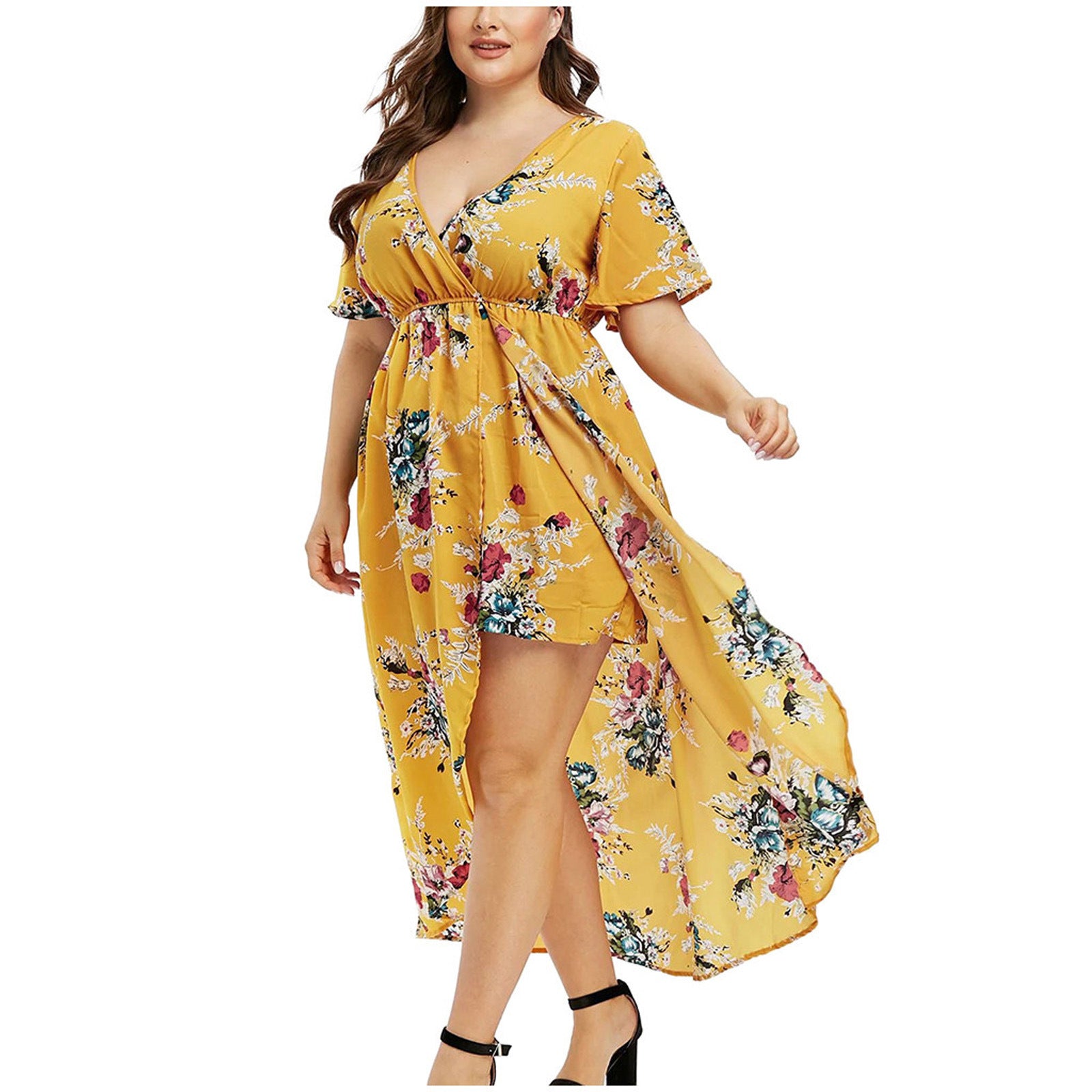 Women's Loose Slimming V-neckline Flower Print Plus Size Dress