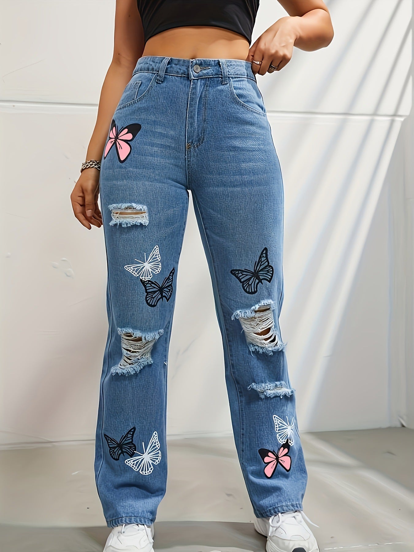 Trendy Butterfly Print Ripped Distressed Denim Pants