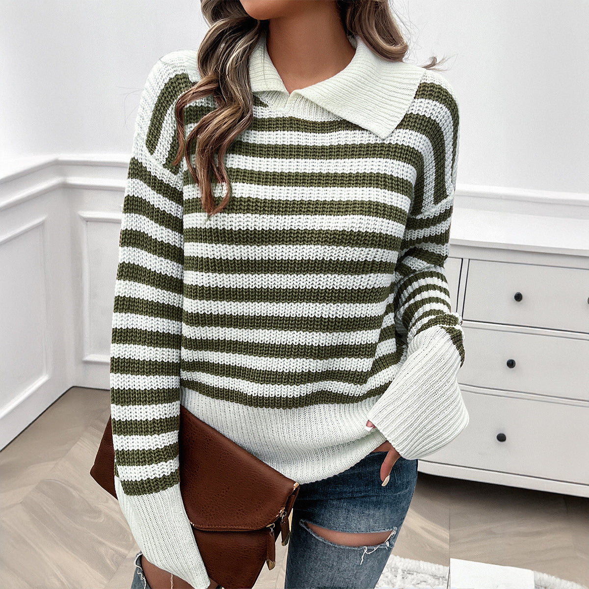 Top Women's Loose Lapels Striped Long Sleeve