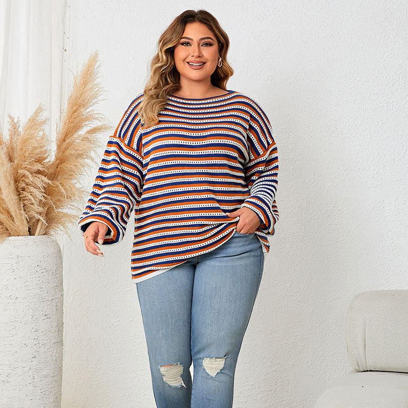 Plus Size Women's Striped Loose Round Neck Pullover Top