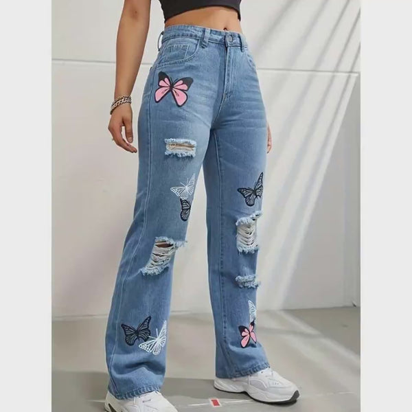 Trendy Butterfly Print Ripped Distressed Denim Pants